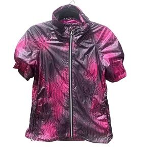Sunice Pink‎ Gray Graphic Pattern Short Sleeve Zip Up Golf Windbreaker Sz Small